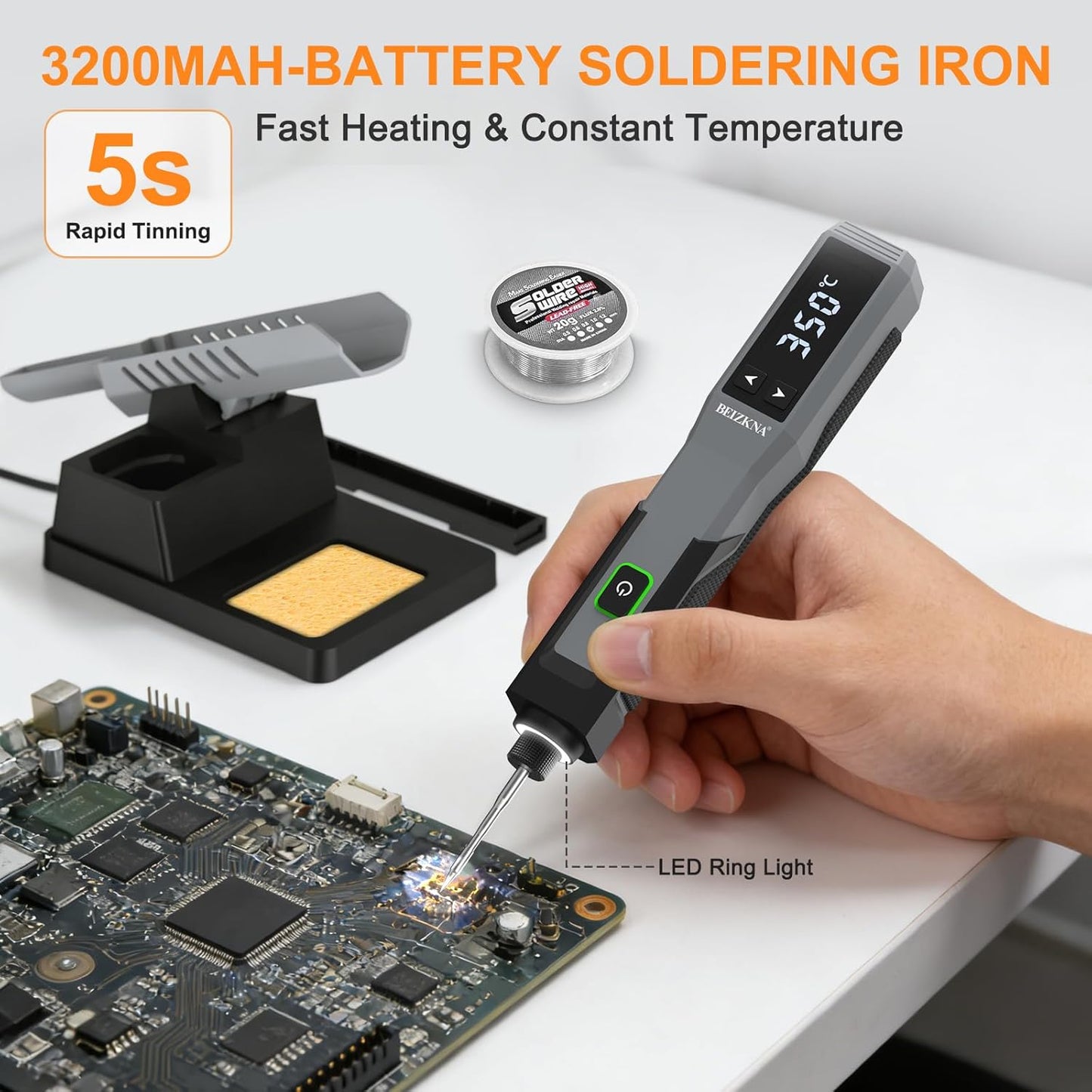 Soldering Iron Kit Cordless Soldering Iron 5s Fast Heating 392-932℉ 3200mAh Battery, LED Display, Auto Sleep, Portable Electric USB Rechargeable Solder Gun Wireless Welding Pen for Precision Repair