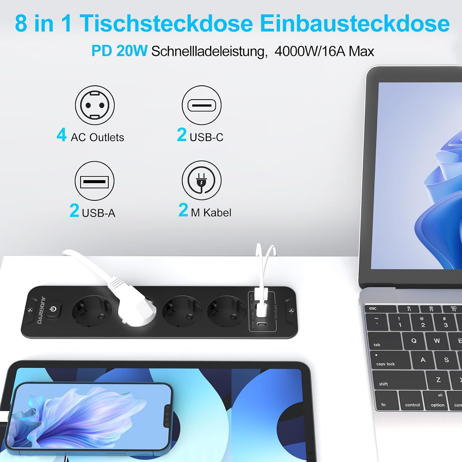 Darbony 8-in-1 Einbausteckdose mit USB-C PD 20W & USB-A