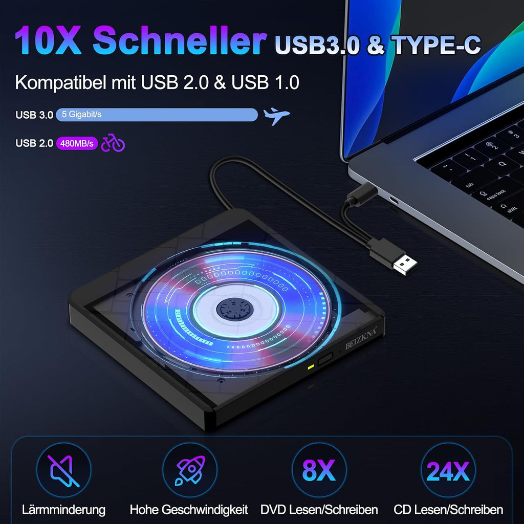 Beizkna Externes CD/DVD-Laufwerk mit USB 3.0 & USB-C