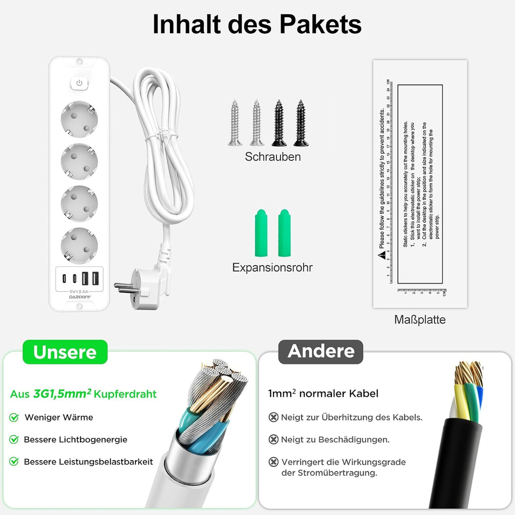 Darbony 8-in-1 Einbausteckdose mit 4 USB-Anschlüssen & 2 m Kabel