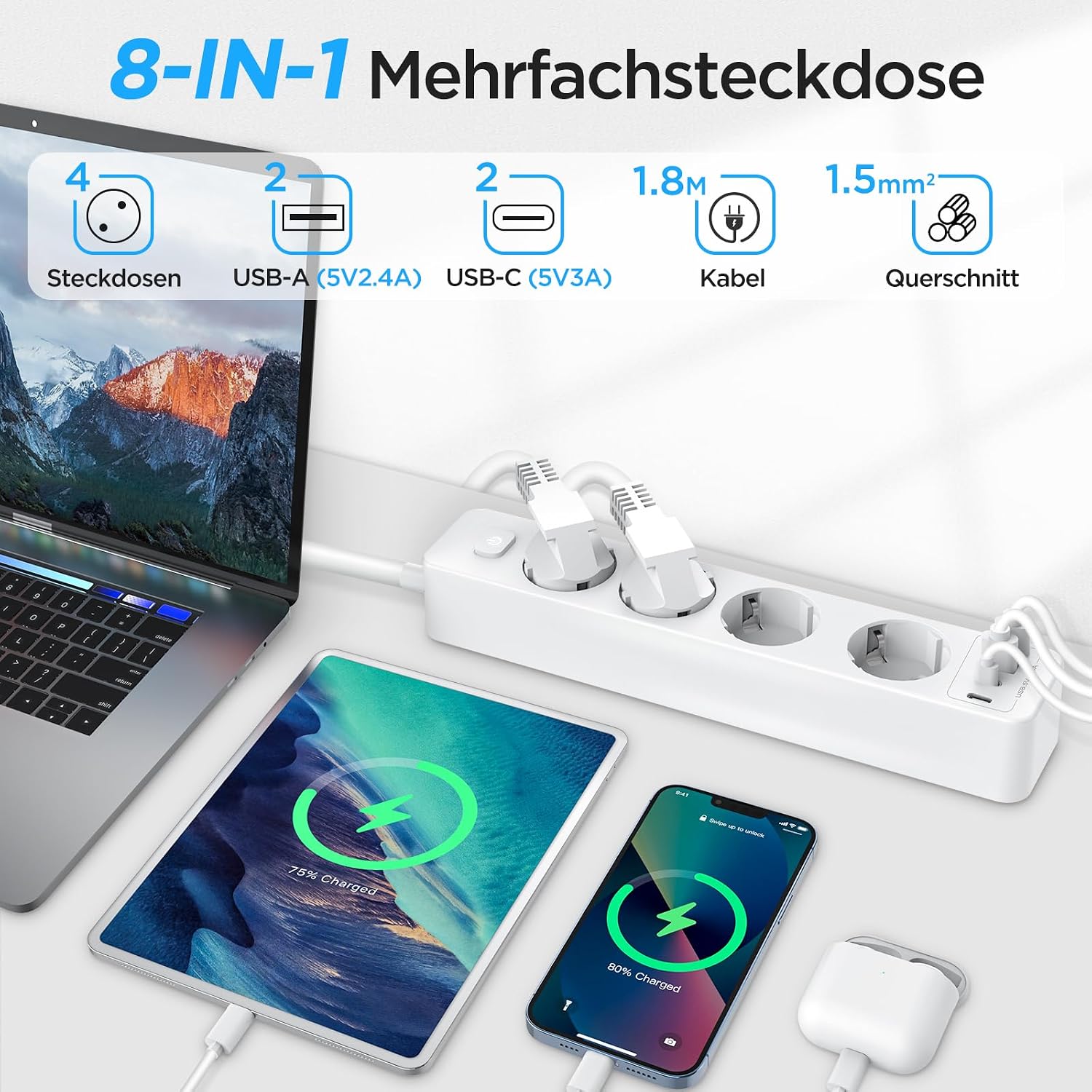 Beizkna 8-in-1 Steckdosenleiste mit USB-C, 4000W & 1,8 m Kabel