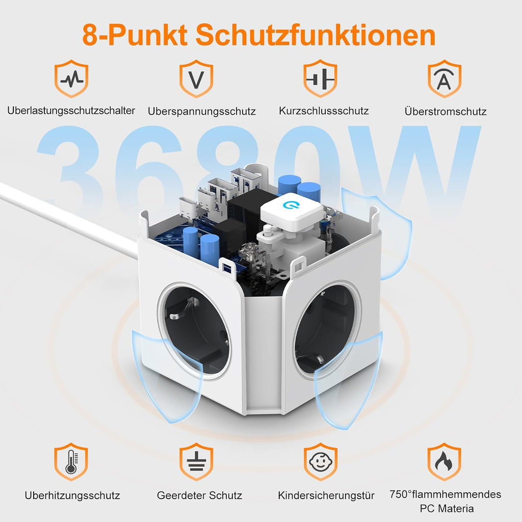 7-in-1 Steckdosenwürfel mit 2 USB-C & 2 USB-A, 2 m Kabel
