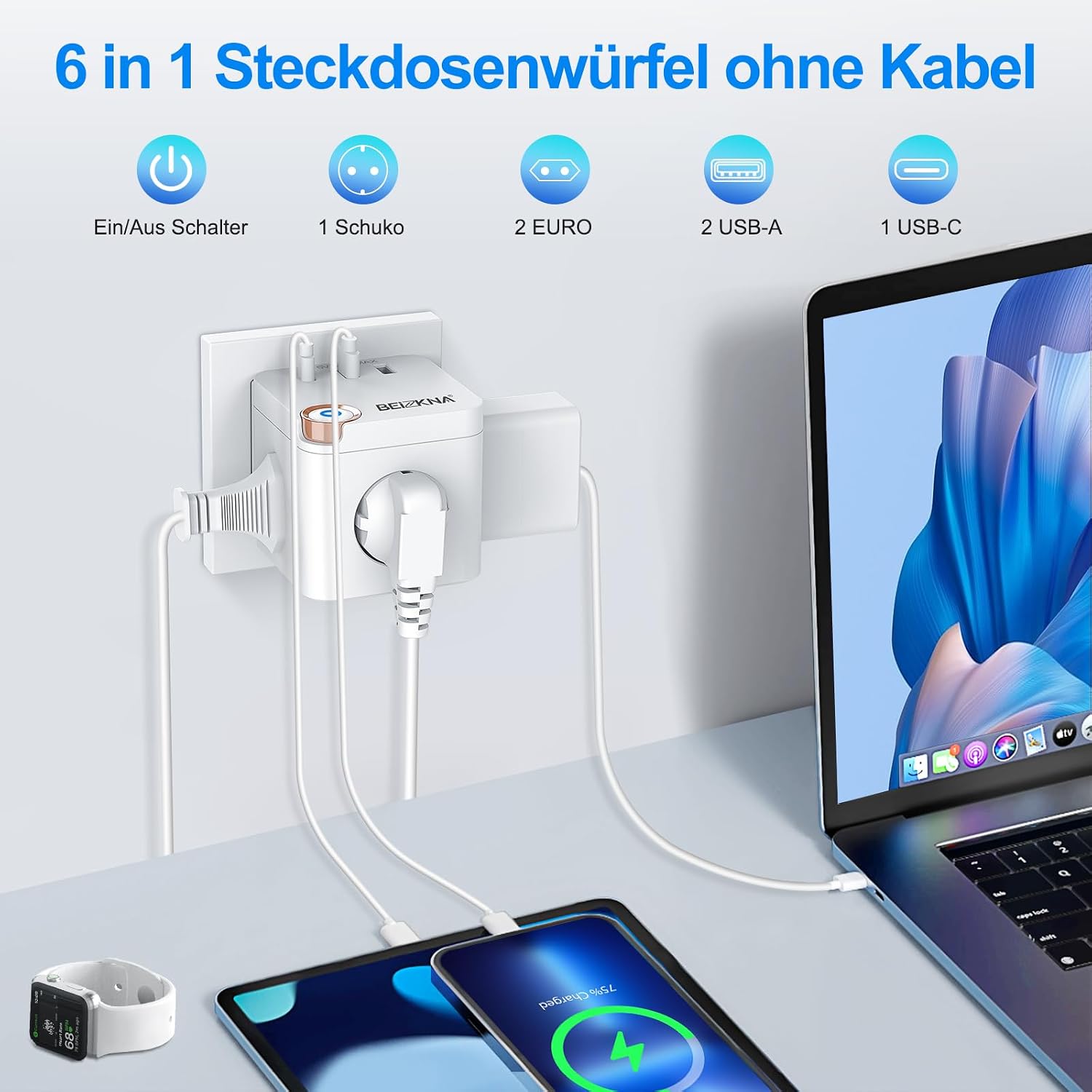 Beizkna 6-in-1 Steckdosenwürfel mit USB-C & USB-A