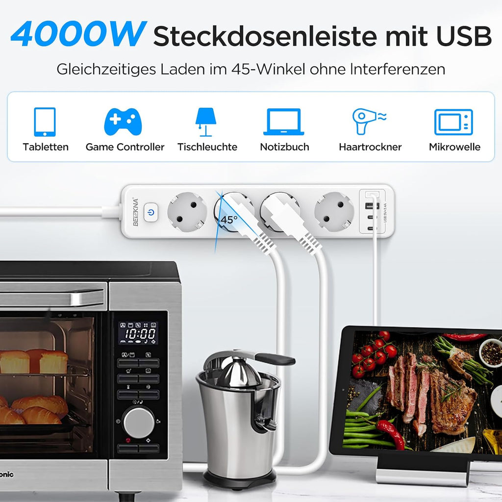 Beizkna 8-in-1 Steckdosenleiste mit USB-C, 4000W & 1,8 m Kabel