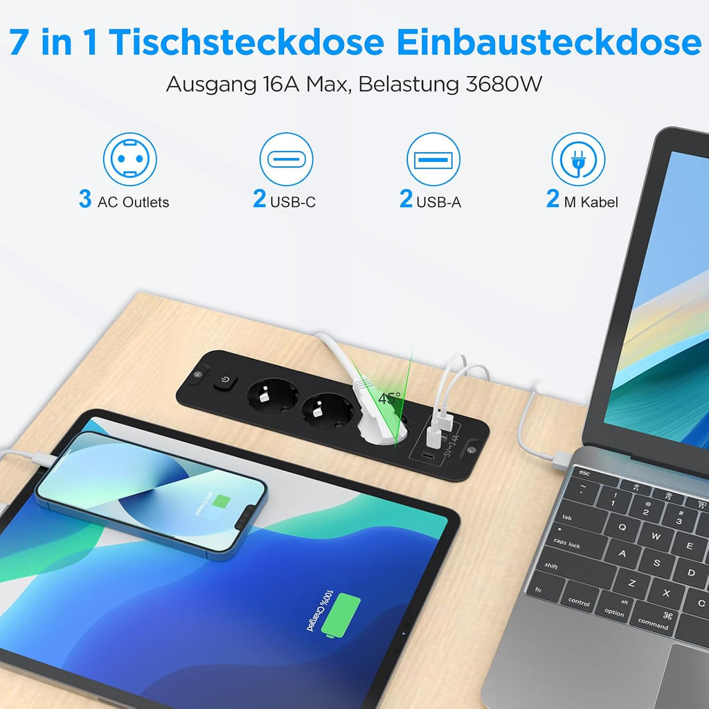 Darbony 7-in-1 Einbausteckdose mit USB-C PD & USB-A