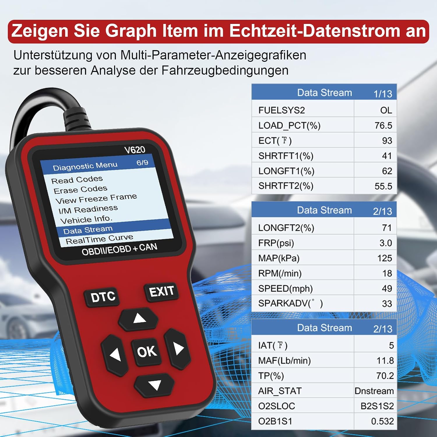 RICOKEY V620 OBD2 Diagnosegerät – Kfz-Fehlerdiagnosegerät