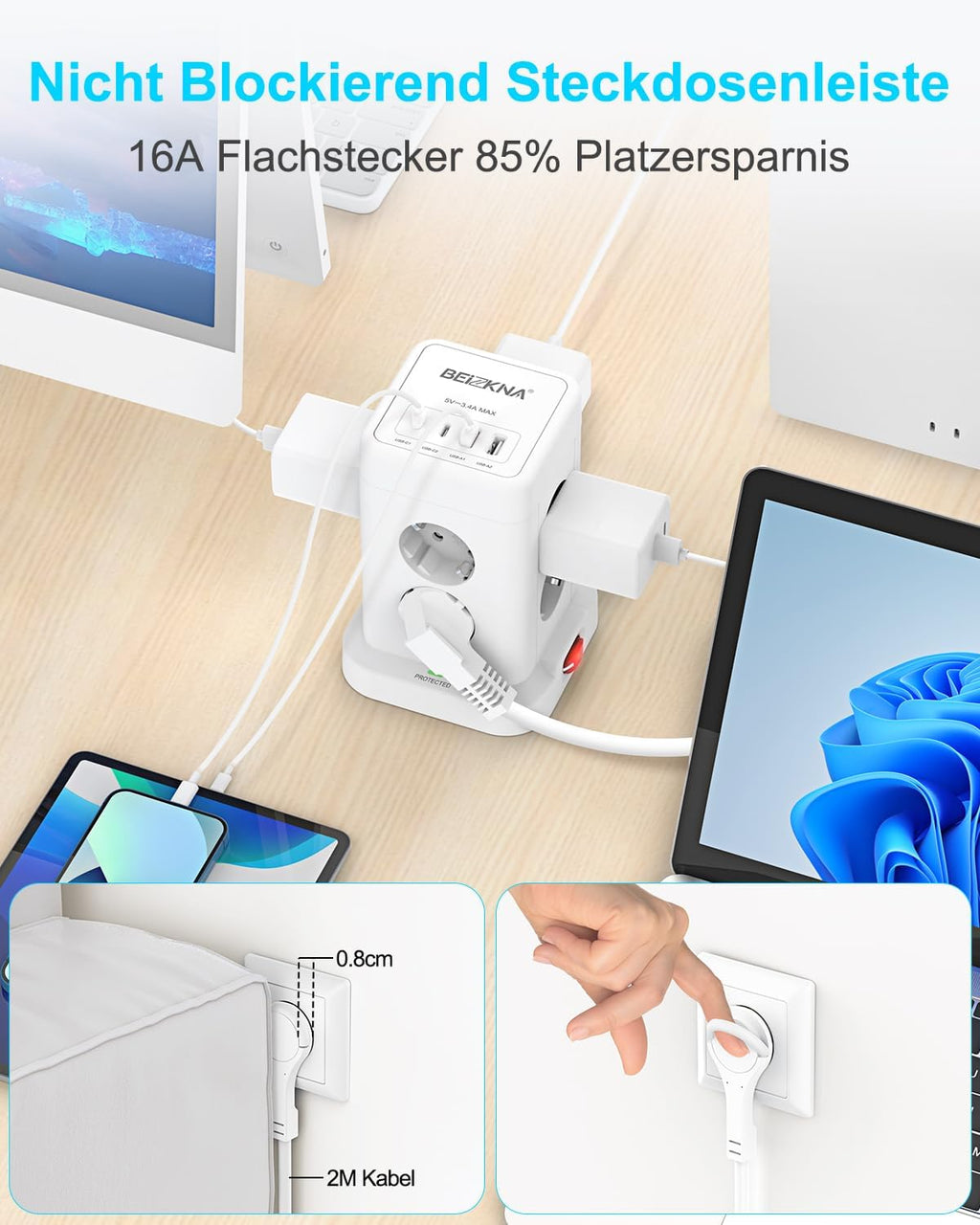 Beizkna 12-in-1 Steckdosenleiste mit USB-C & 2 m Kabel