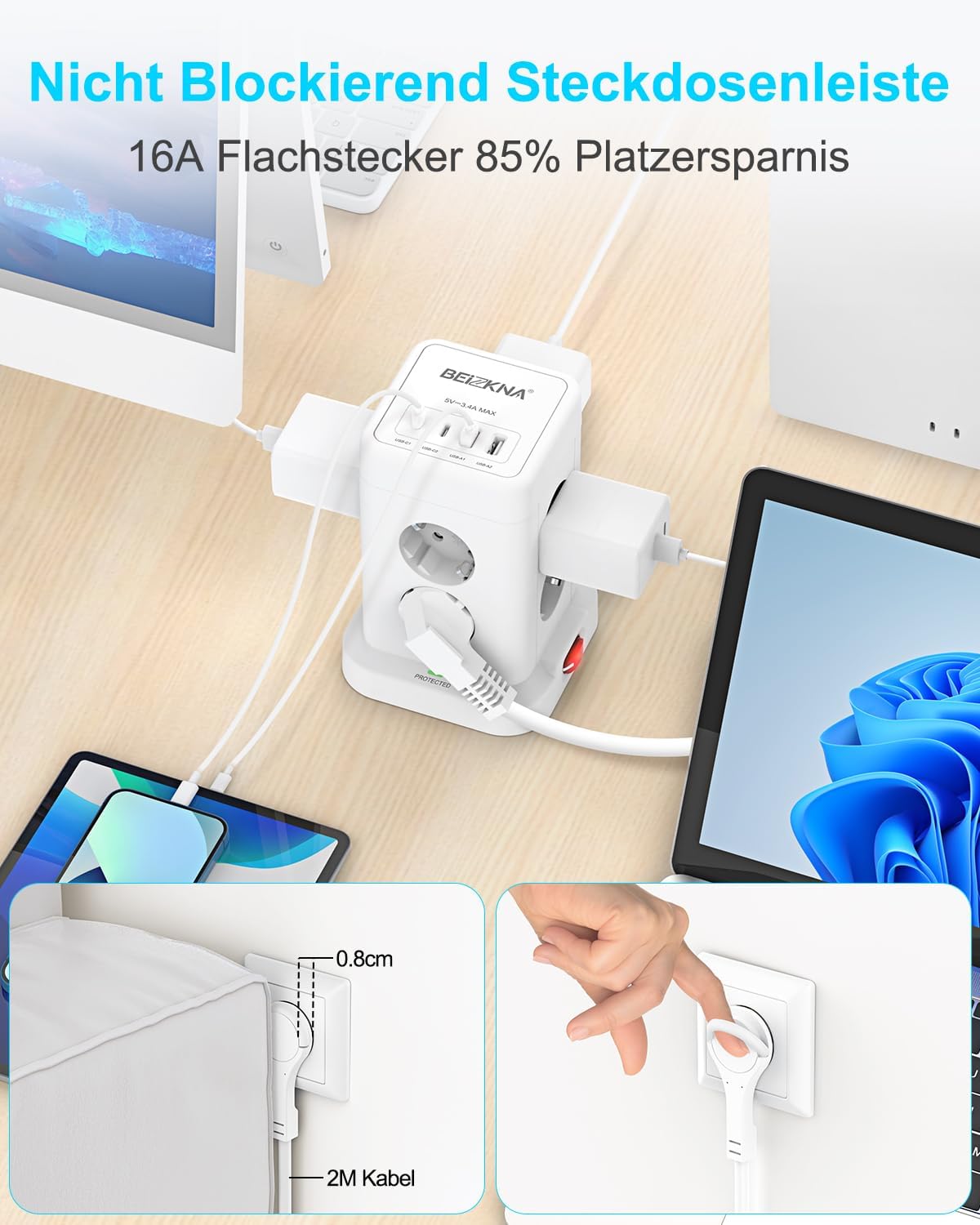 Beizkna 12-in-1 Steckdosenleiste mit USB-C & 2 m Kabel