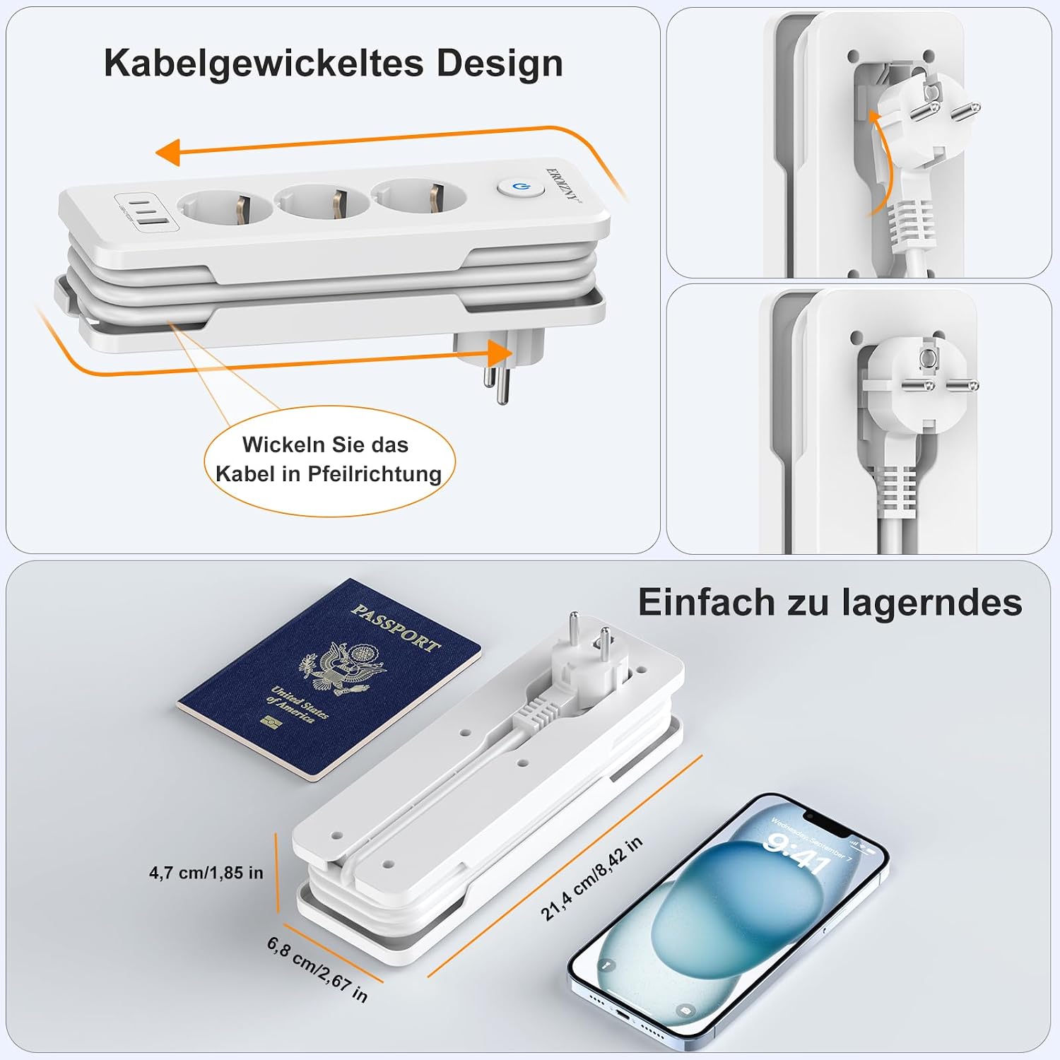 EROIZNY 6-in-1 Steckdosenleiste mit USB-C PD 20W & 1,5 m Kabel