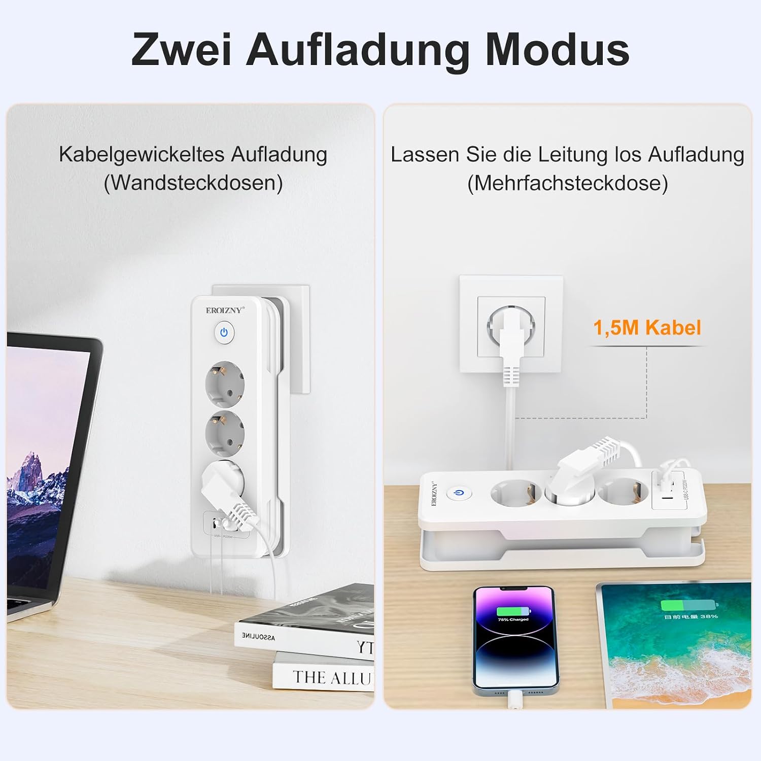 EROIZNY 6-in-1 Steckdosenleiste mit USB-C PD 20W & 1,5 m Kabel