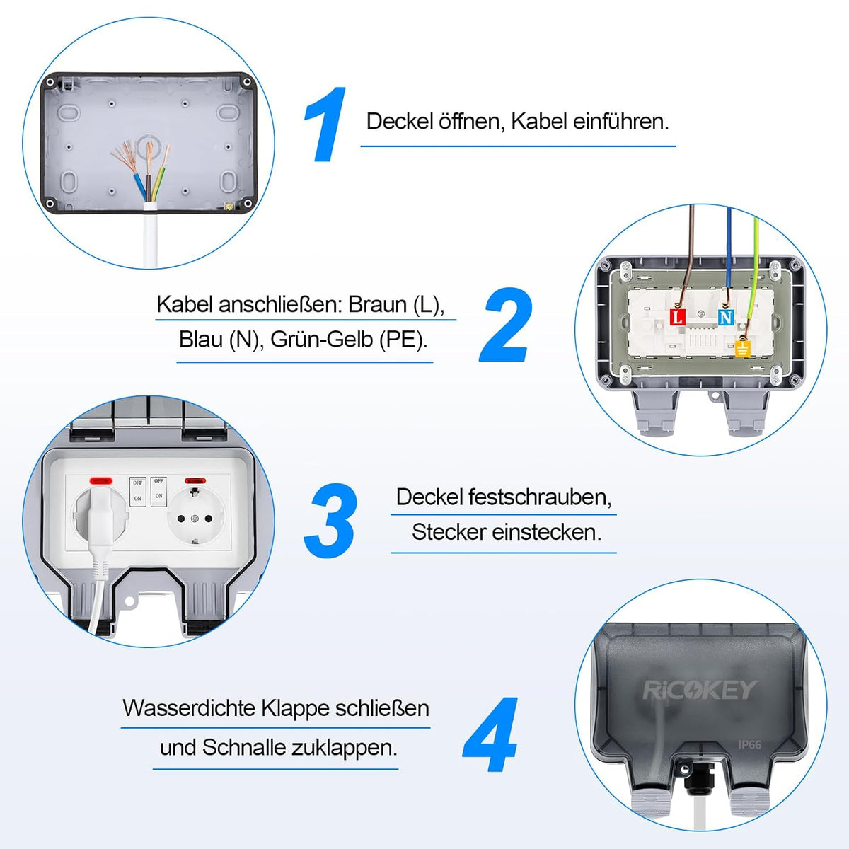 RICOKEY IP66 Außensteckdose 2-fach mit Schalter & Kontrollleuchte