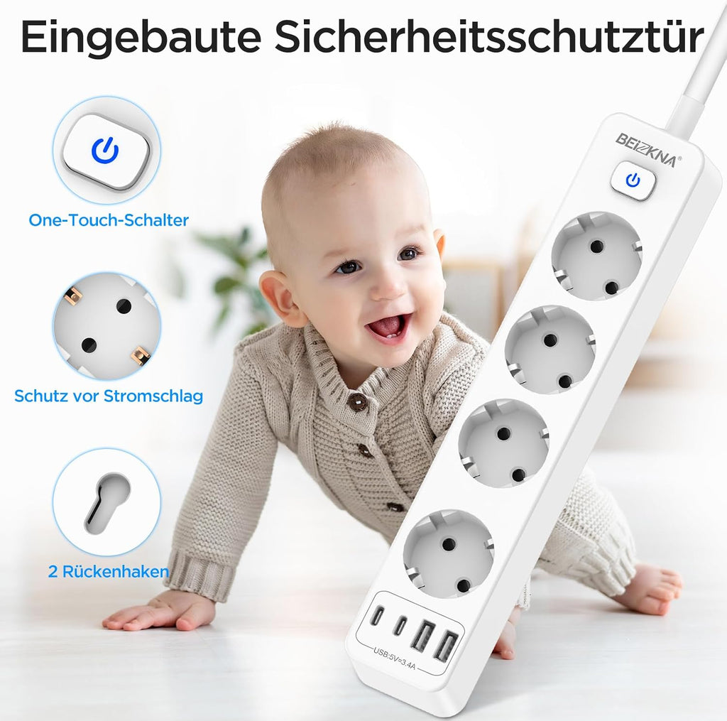 Beizkna 8-in-1 Steckdosenleiste mit USB-C, 4000W & 1,8 m Kabel
