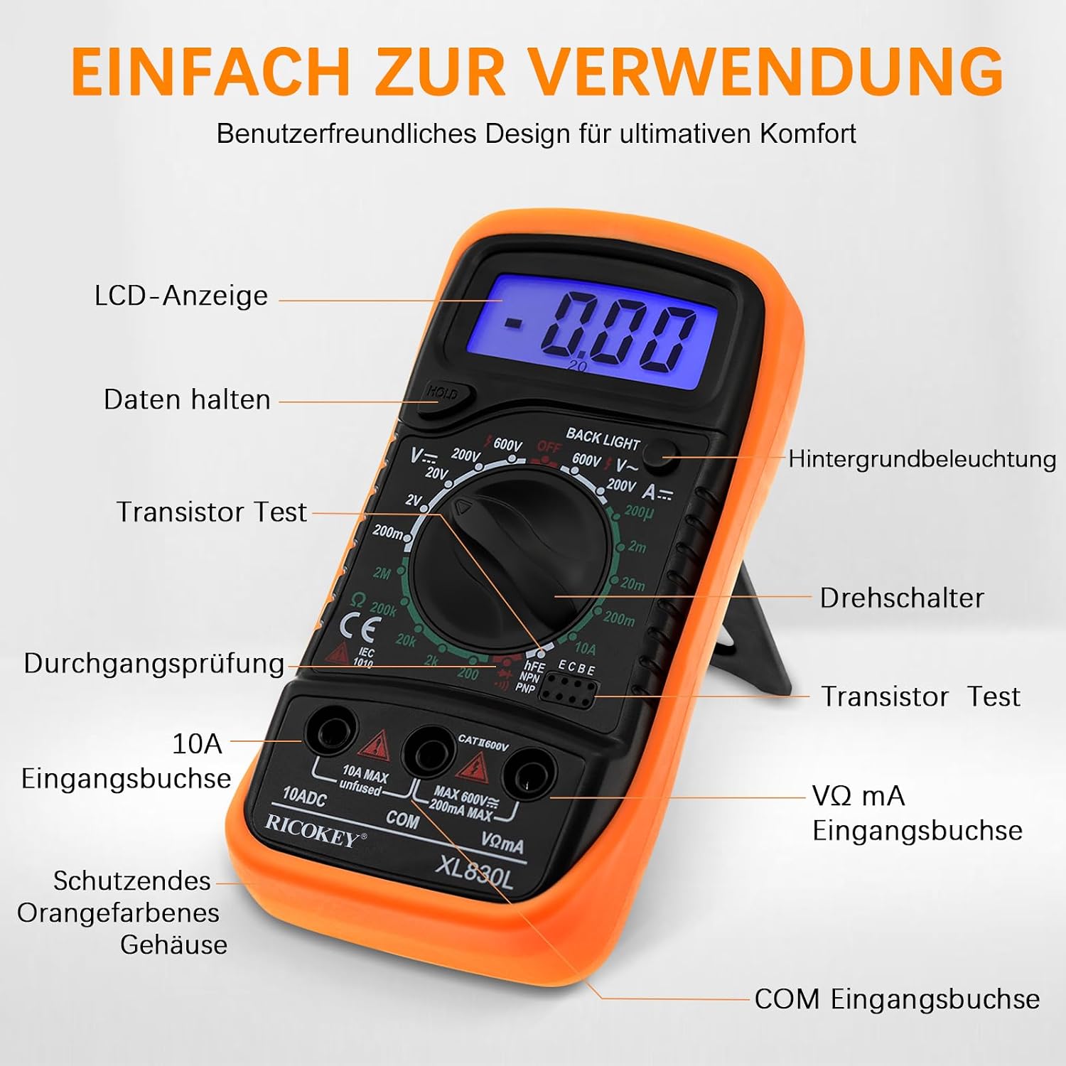 RICOKEY Digital Multimeter mit LCD-Anzeige & Batterietester
