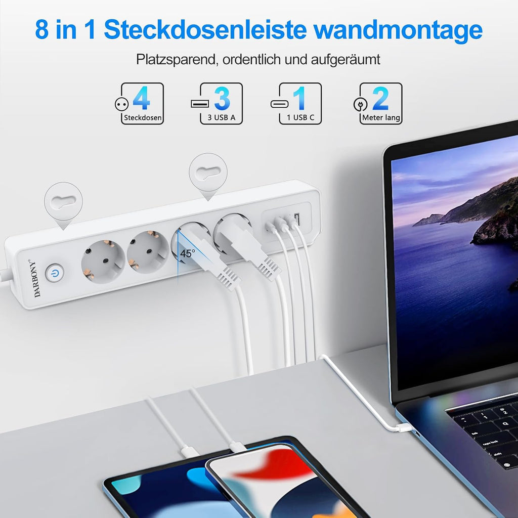 Darbony 8-in-1 Steckdosenleiste mit USB-C & 2 m Kabel