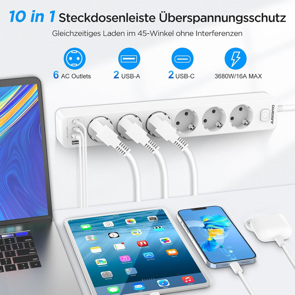 Beizkna 10-in-1 Steckdosenleiste mit USB-C, 3680W & 1,8 m Kabel