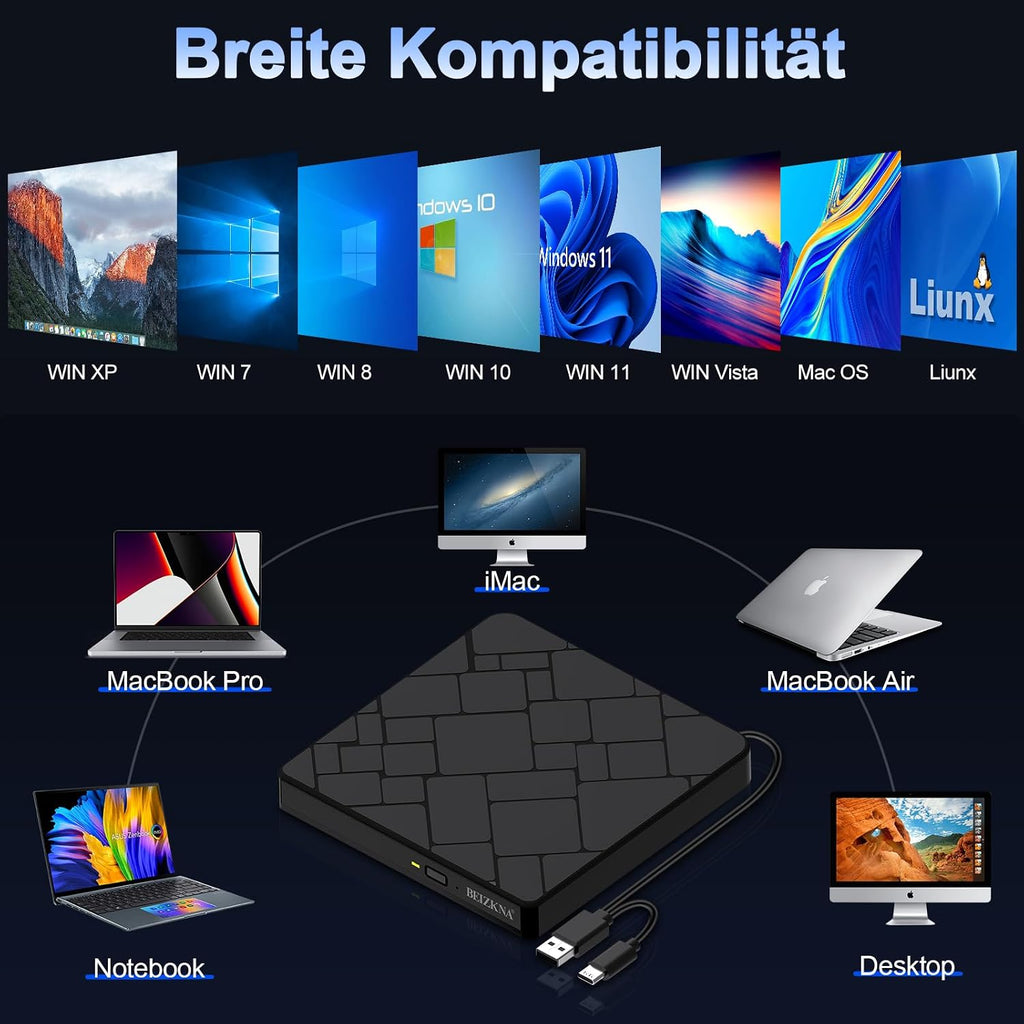 Beizkna Externes CD/DVD-Laufwerk mit USB 3.0 & USB-C
