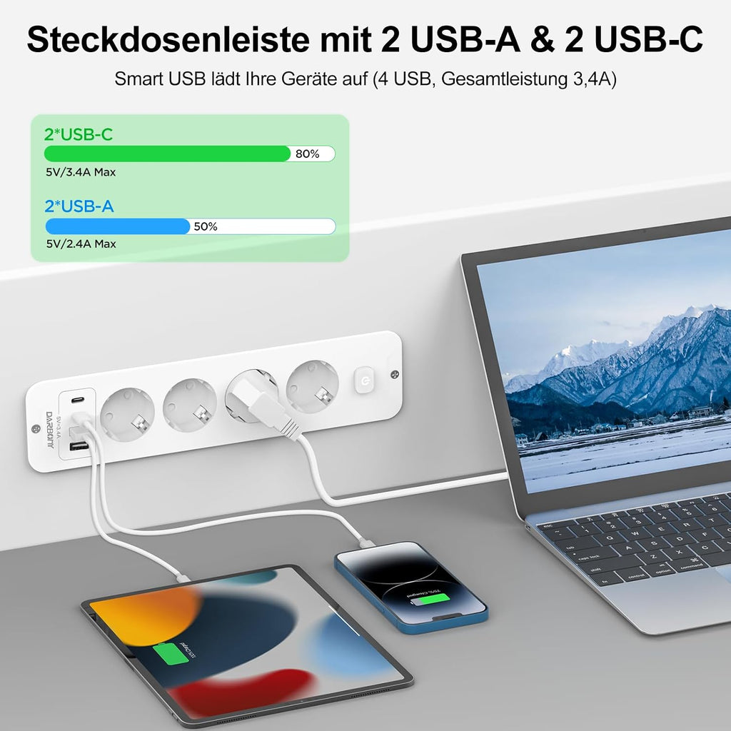 Darbony 8-in-1 Einbausteckdose mit 4 USB-Anschlüssen & 2 m Kabel