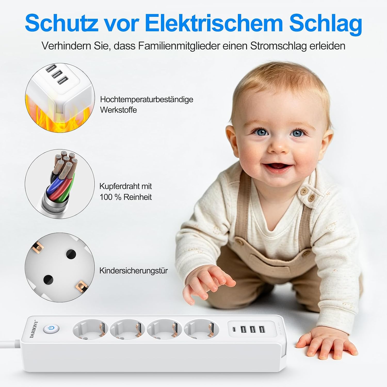 Darbony 8-in-1 Steckdosenleiste mit USB-C & 2 m Kabel