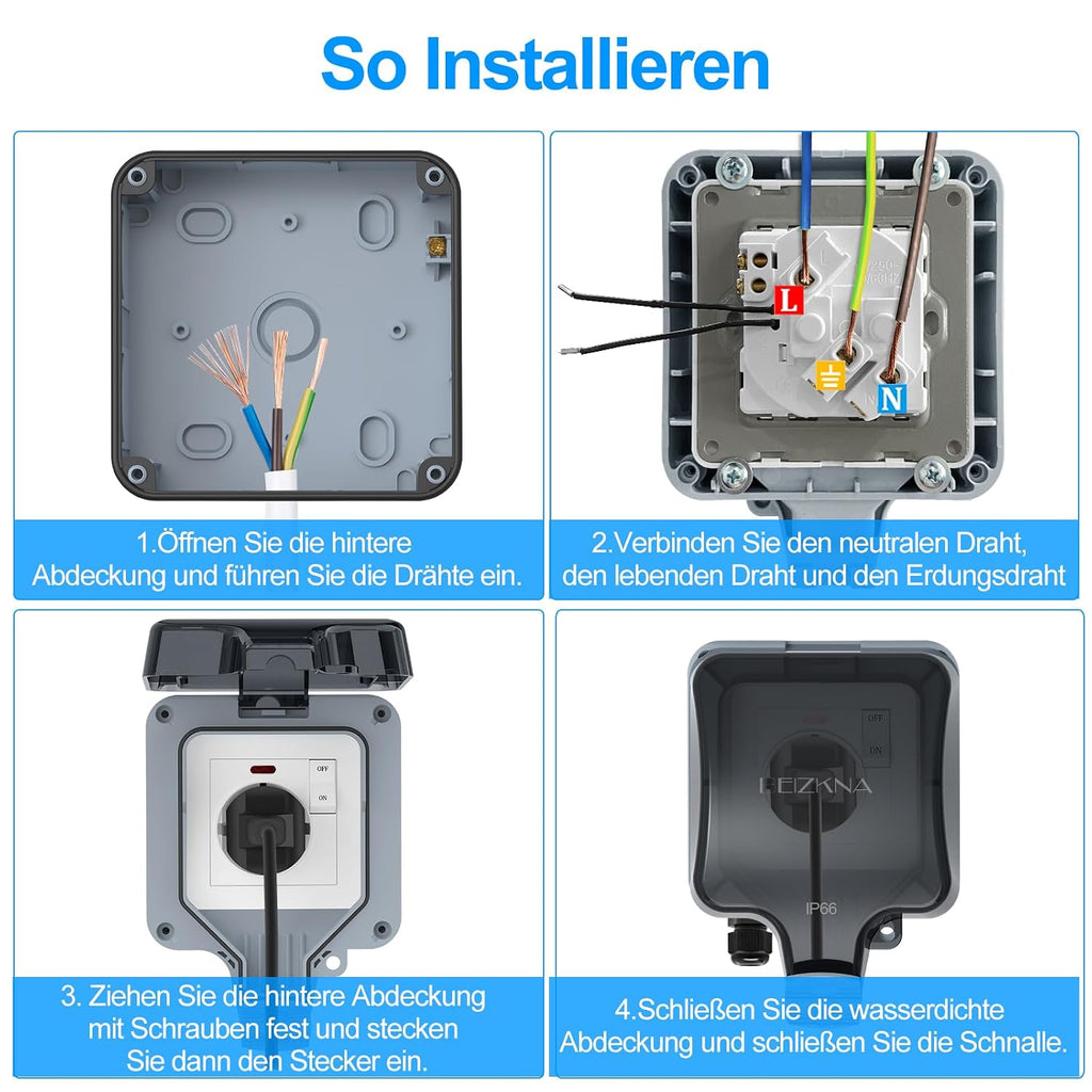 Beizkna IP66 Außensteckdose mit Schalter & Schutzabdeckung