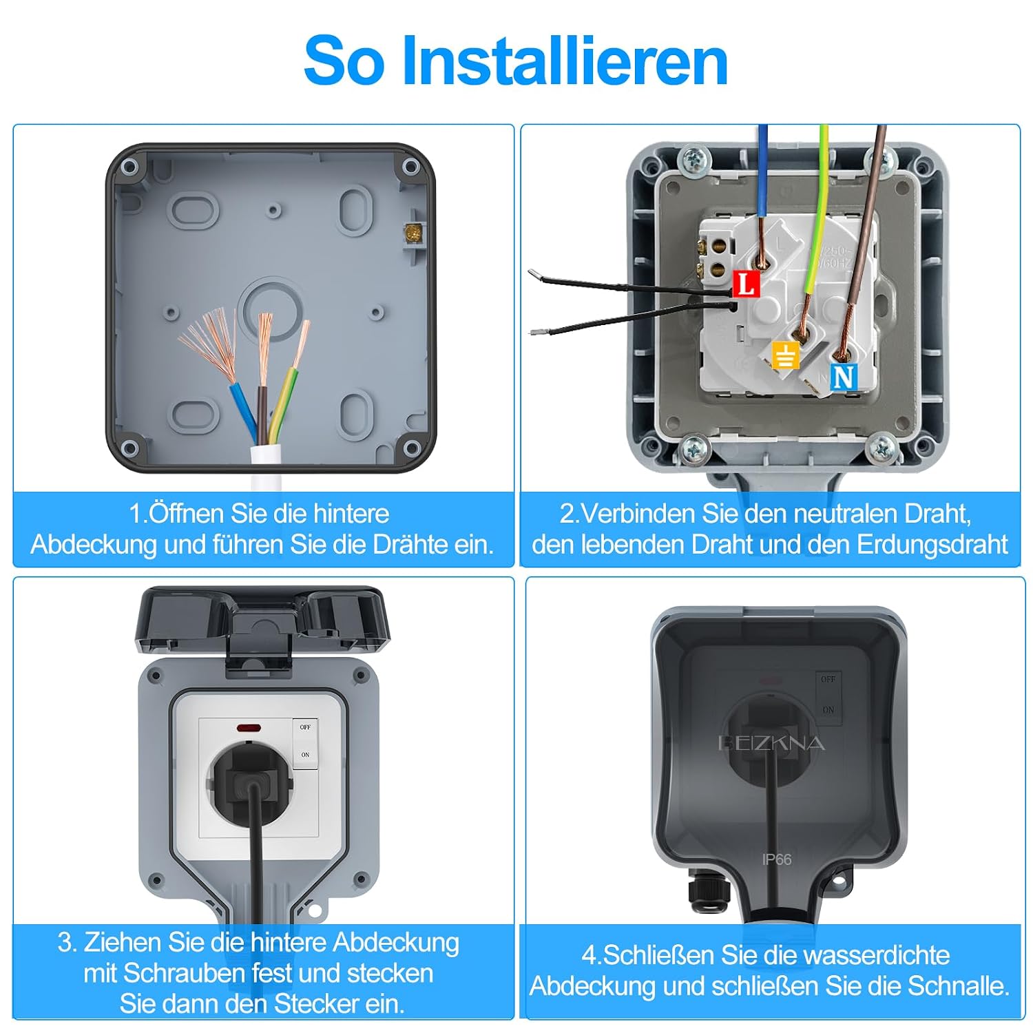 Beizkna IP66 Außensteckdose mit Schalter & Schutzabdeckung
