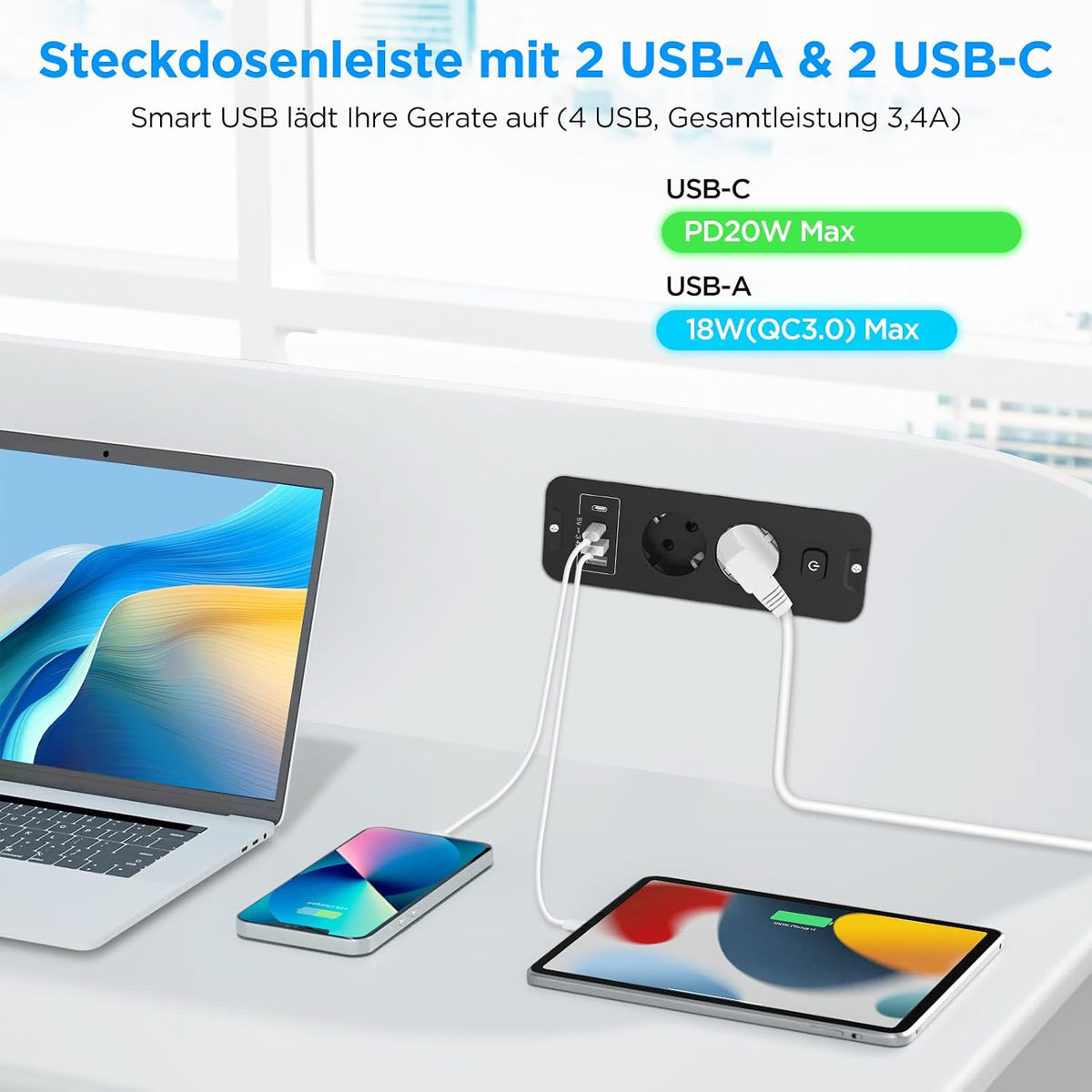 Darbony Einbausteckdose mit USB-C PD & 4 Steckdosen