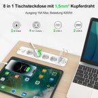 Darbony 8-in-1 Einbausteckdose mit 4 USB-Anschlüssen & 2 m Kabel