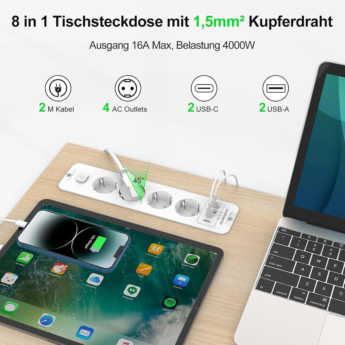 Darbony 8-in-1 Einbausteckdose mit 4 USB-Anschlüssen & 2 m Kabel