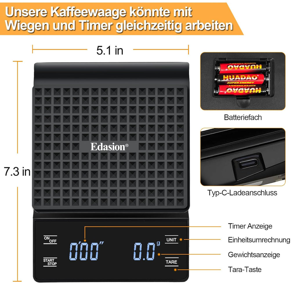 Edasion Präzisions-Kaffeewaage mit Timer, 0,1 g–3 kg