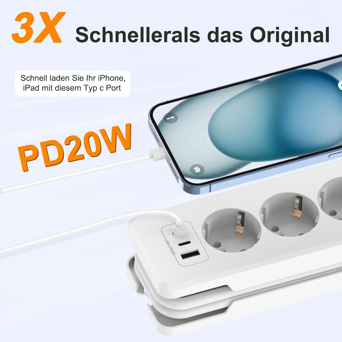 EROIZNY 6-in-1 Steckdosenleiste mit USB-C PD 20W & 1,5 m Kabel