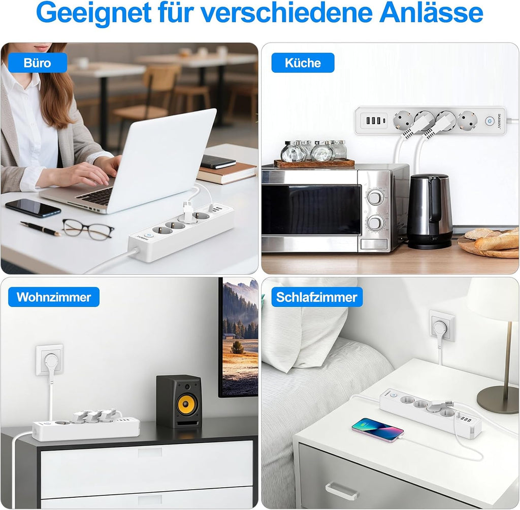 Darbony 8-in-1 Steckdosenleiste mit USB-C & 2 m Kabel