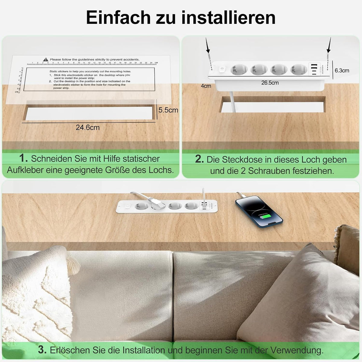 Darbony 8-in-1 Einbausteckdose mit 4 USB-Anschlüssen & 2 m Kabel