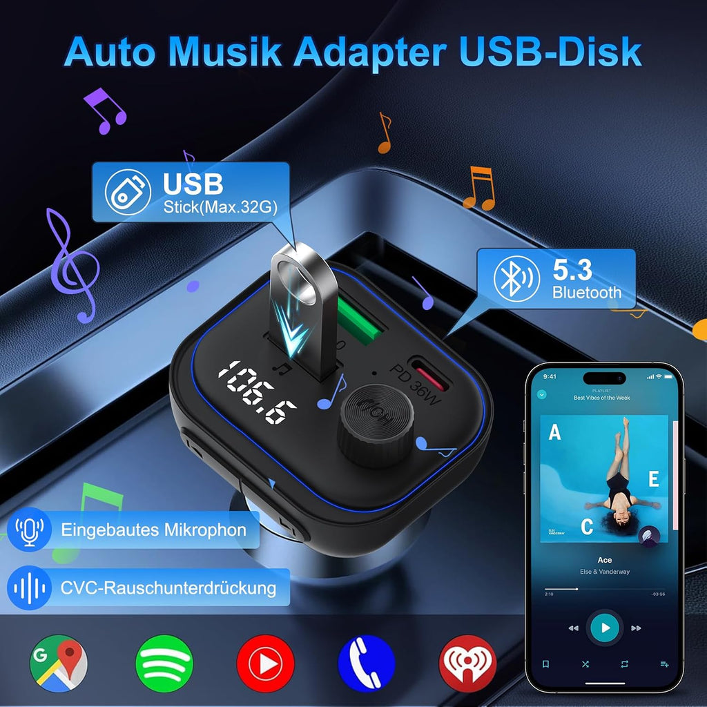 Bluetooth 5.3 FM-Transmitter mit 36W Schnellladen