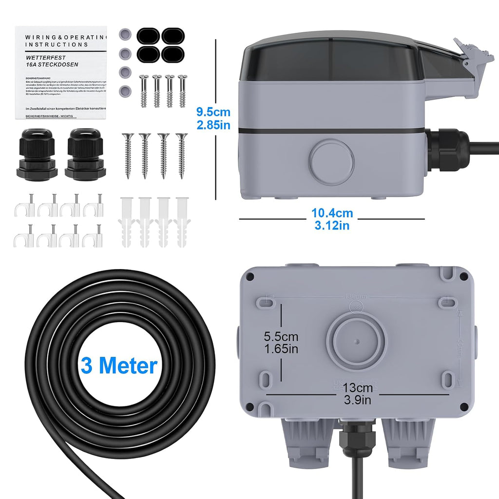 Beizkna IP66 Außensteckdose 2-fach mit 3 m Kabel & Schalter