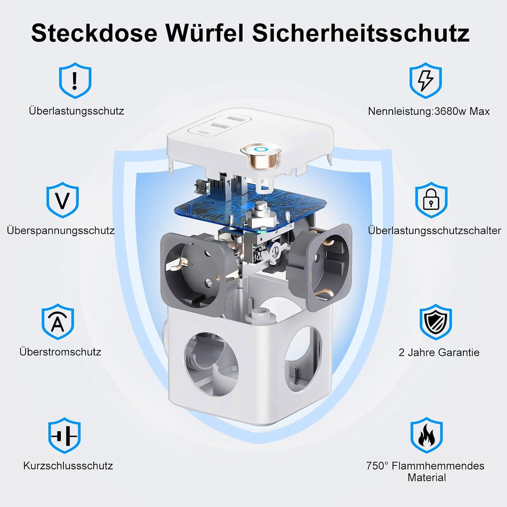 Beizkna 6-in-1 Steckdosenwürfel mit USB-C & 1,5 m Kabel