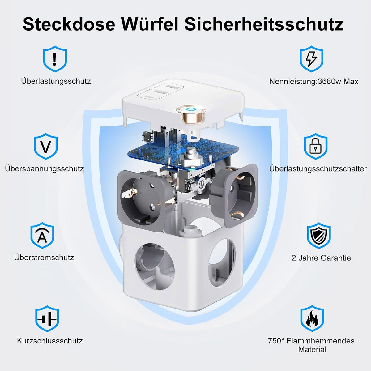 Beizkna 6-in-1 Steckdosenwürfel mit USB-C & 1,5 m Kabel