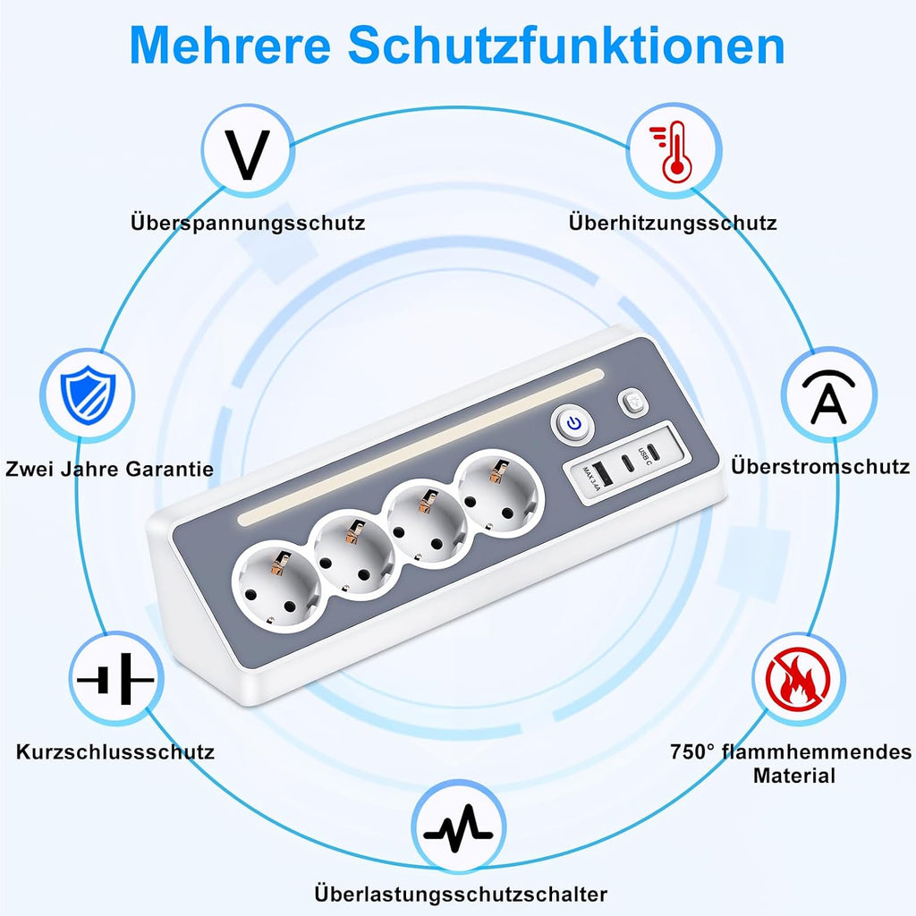 Darbony 8-in-1 Ecksteckdosenleiste mit USB-C & LED-Nachtlicht