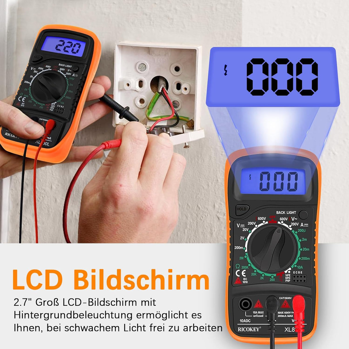 RICOKEY Digital Multimeter mit LCD-Anzeige & Batterietester
