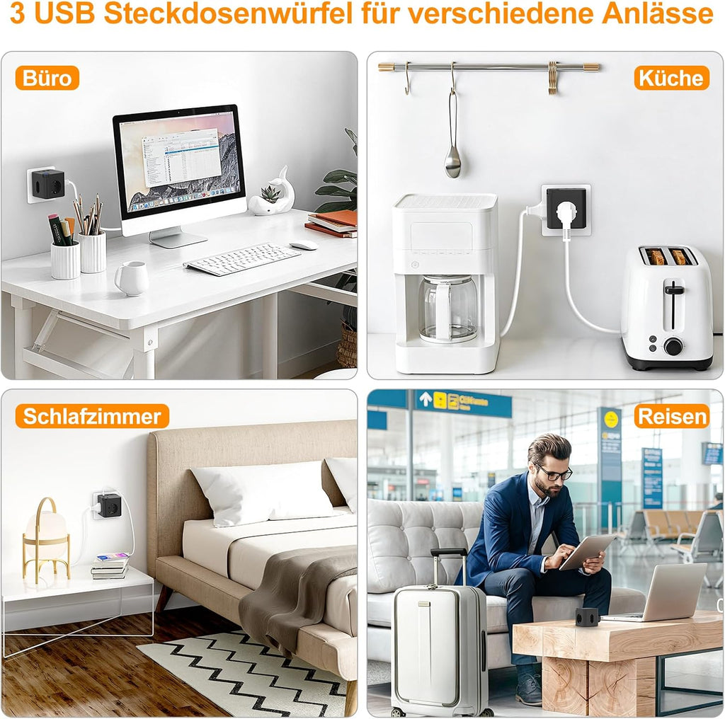 Beizkna 6-in-1 Steckdosenwürfel mit USB-C & 3680W – Schwarz