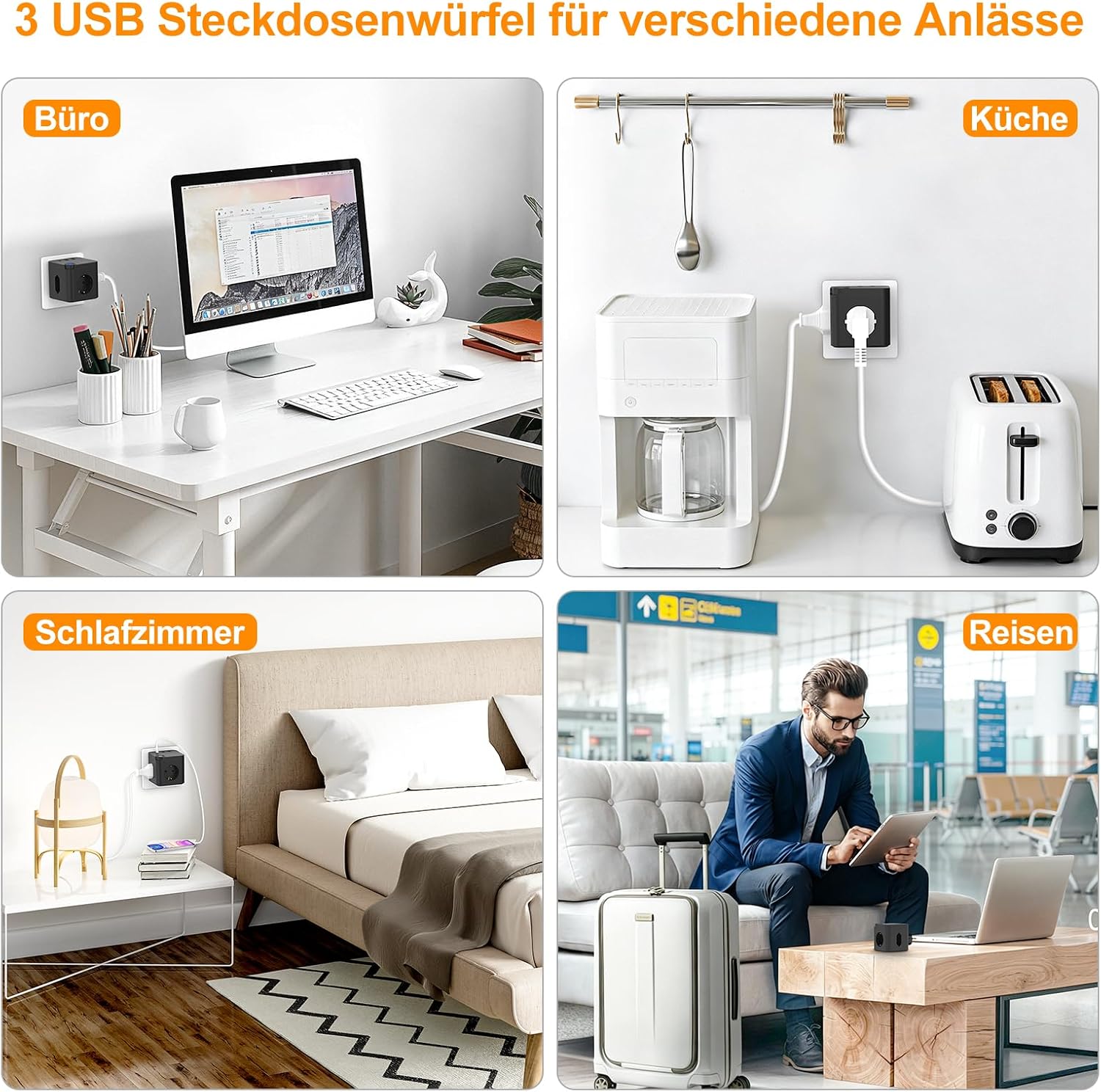 Beizkna 6-in-1 Steckdosenwürfel mit USB-C & 3680W – Schwarz