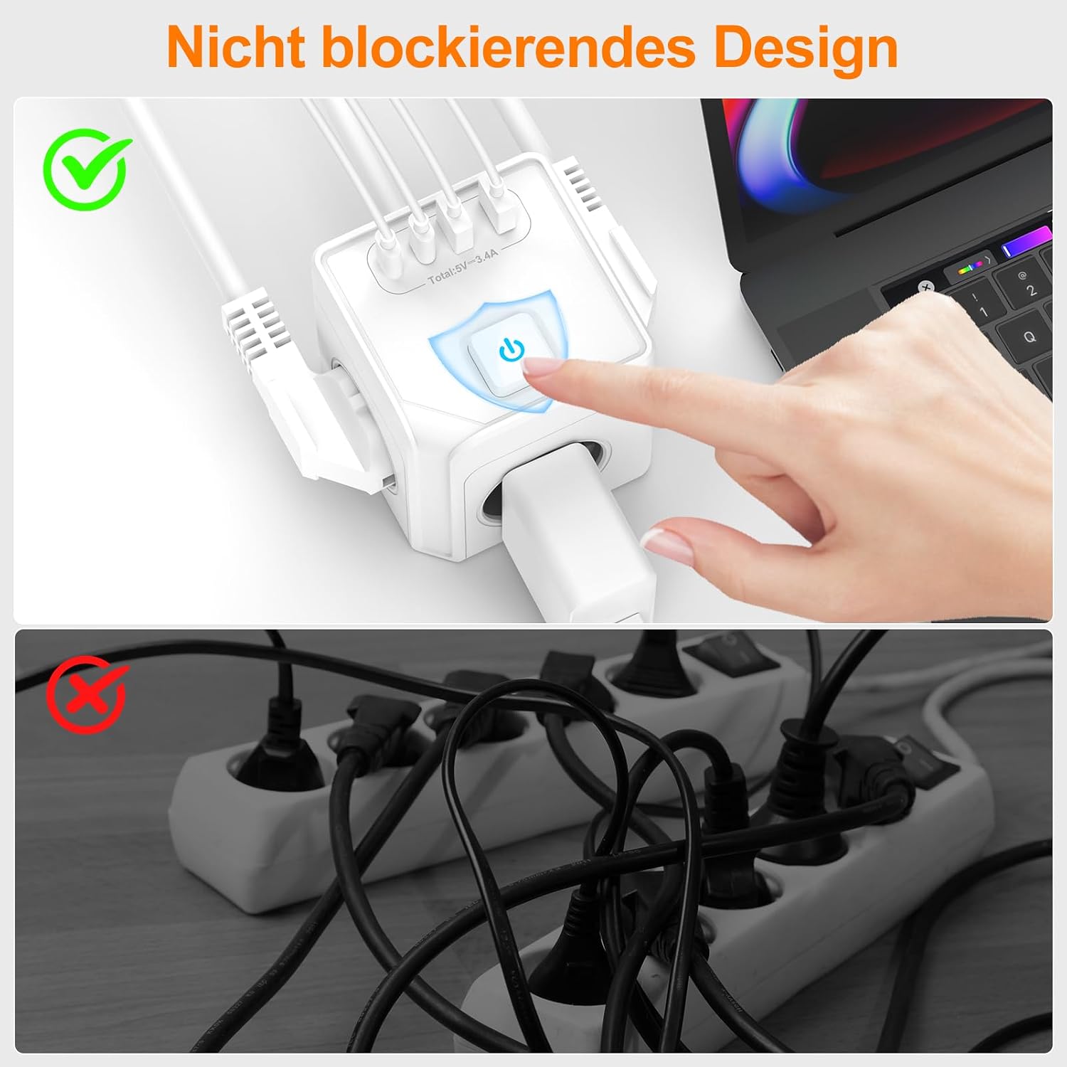 7-in-1 Steckdosenwürfel mit 2 USB-C & 2 USB-A, 2 m Kabel