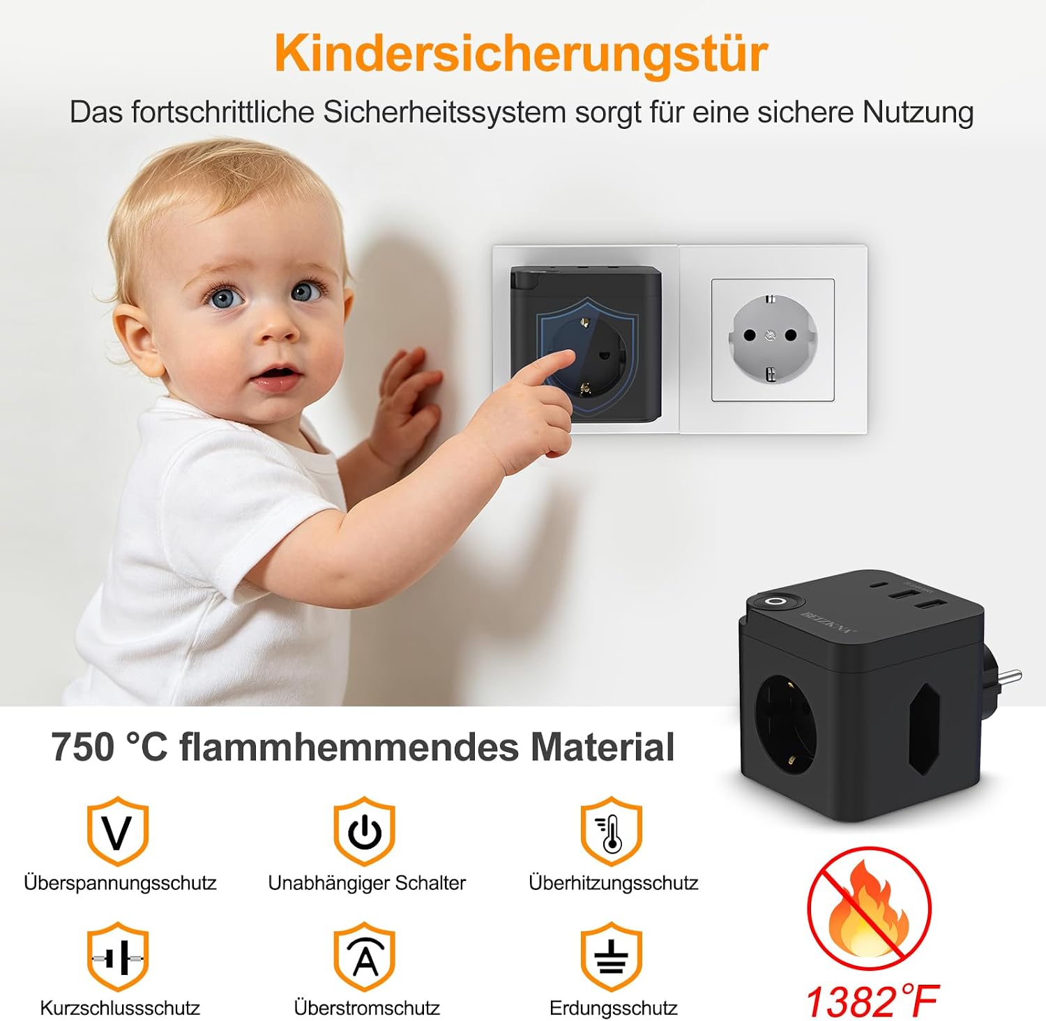 Beizkna 6-in-1 Steckdosenwürfel mit USB-C & 3680W – Schwarz