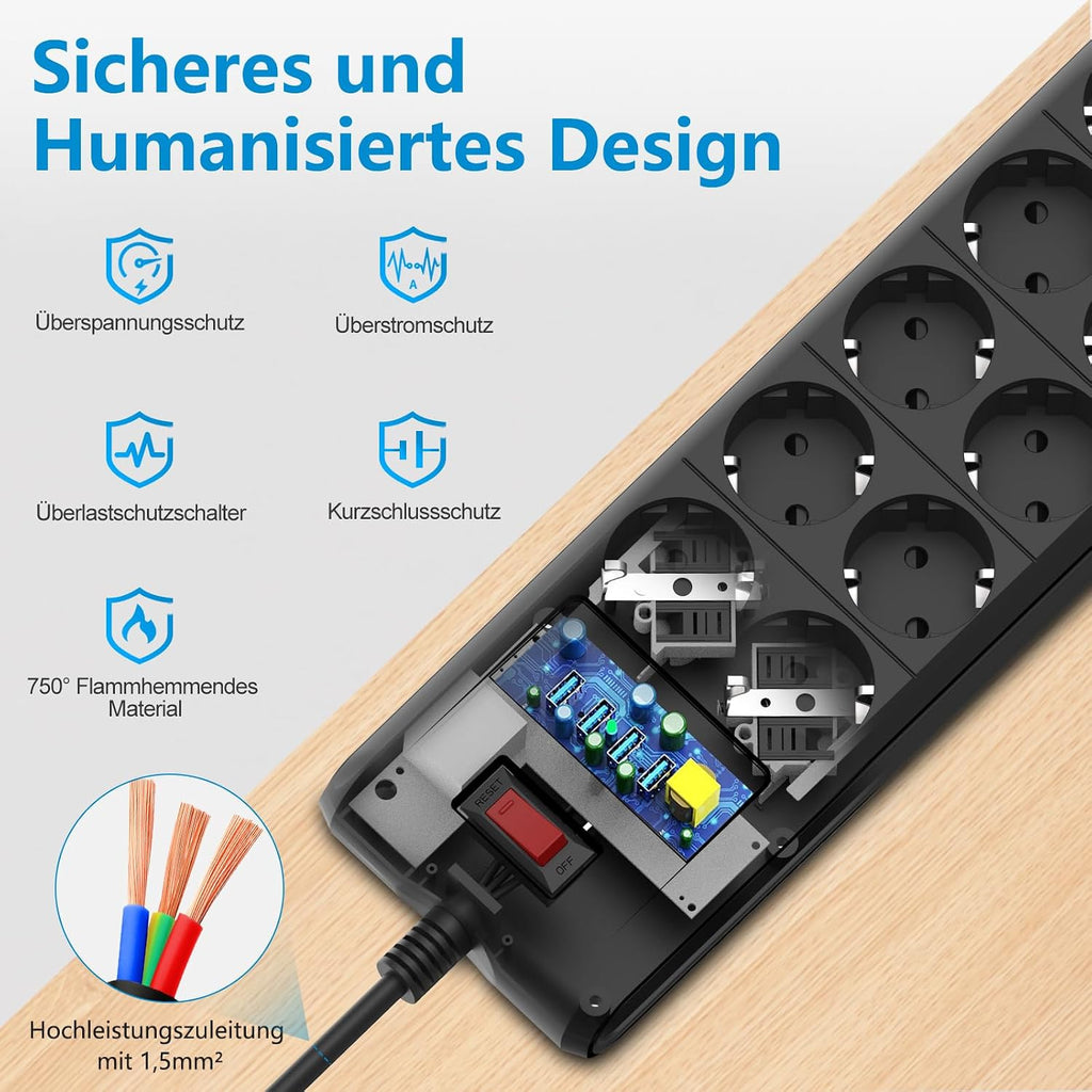 Darbony 14-in-1 Steckdosenleiste mit 4 USB & 2 m Kabel