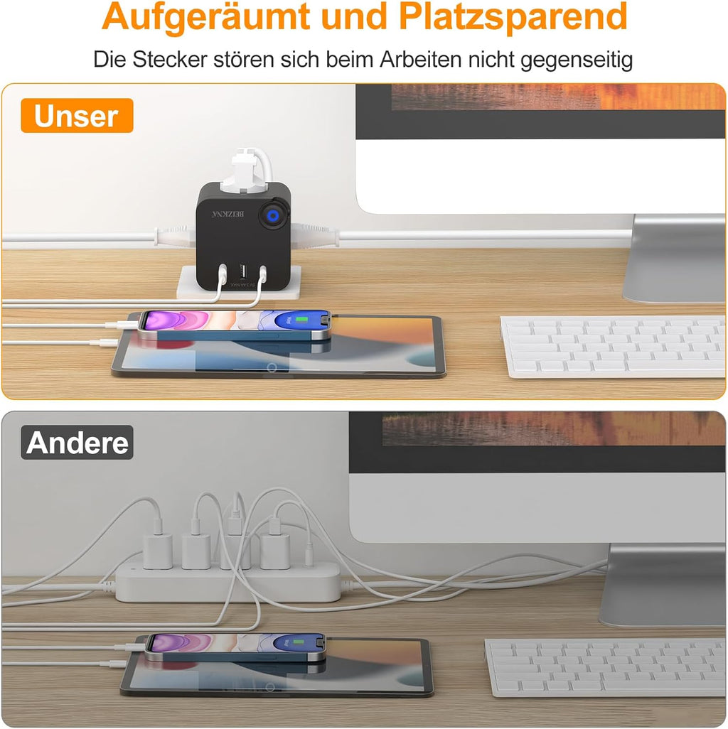 Beizkna 6-in-1 Steckdosenwürfel mit USB-C & 3680W – Schwarz