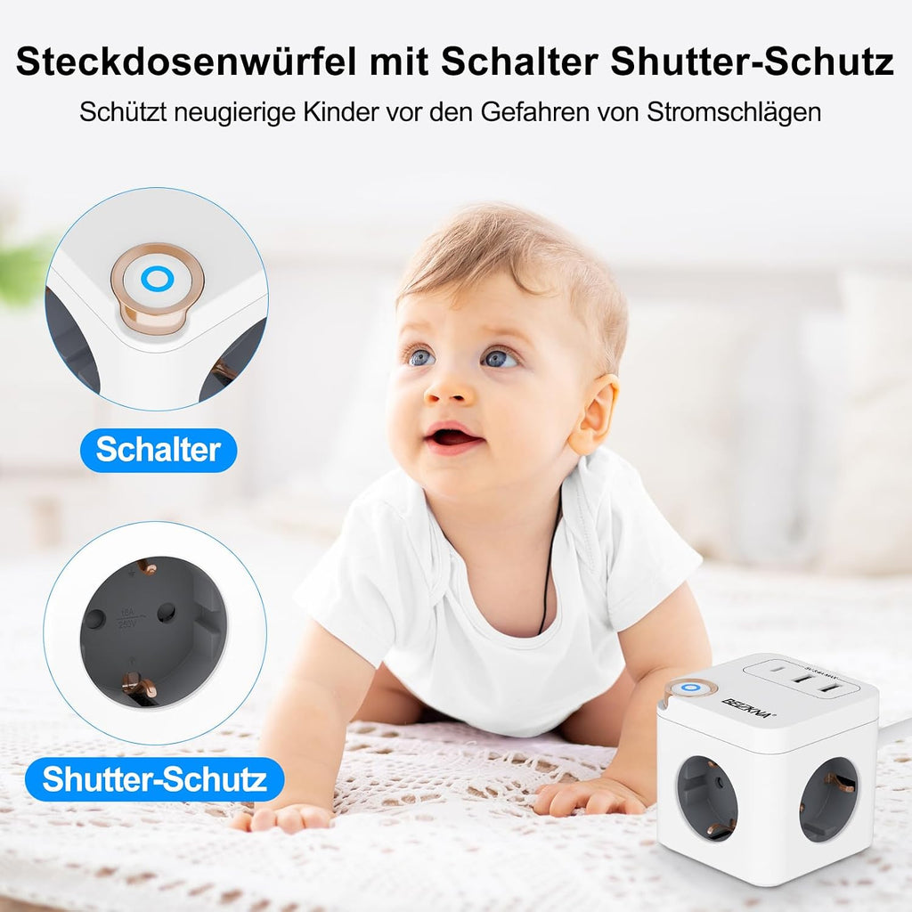 Beizkna 6-in-1 Steckdosenwürfel mit USB-C & 1,5 m Kabel
