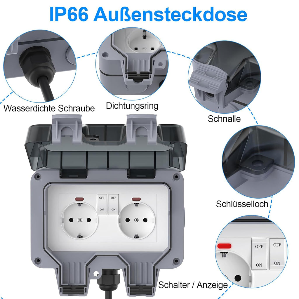Beizkna IP66 Außensteckdose 2-fach mit 3 m Kabel & Schalter