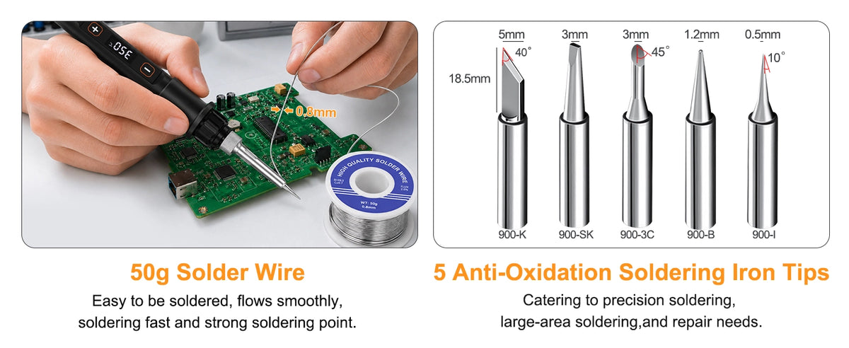 Our soldering iron kit includes essential tools for common soldering projects.