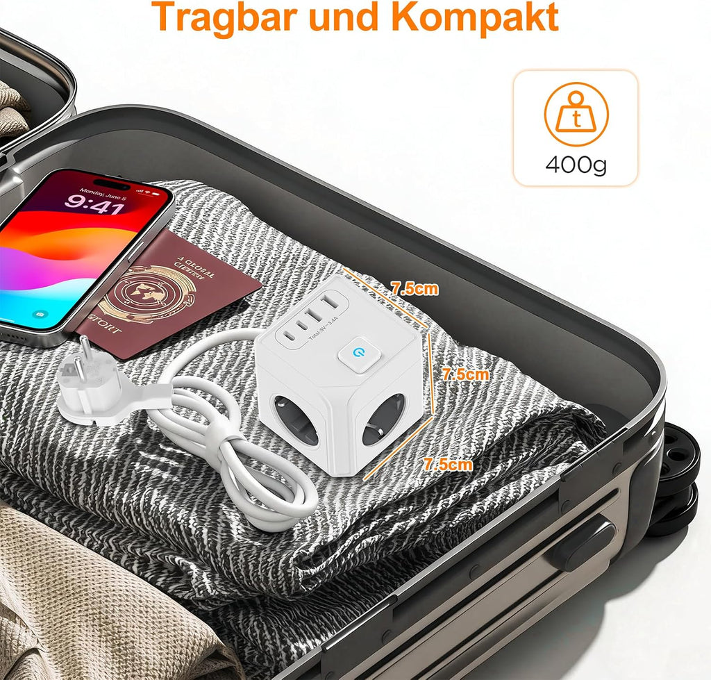 7-in-1 Steckdosenwürfel mit 2 USB-C & 2 USB-A, 2 m Kabel