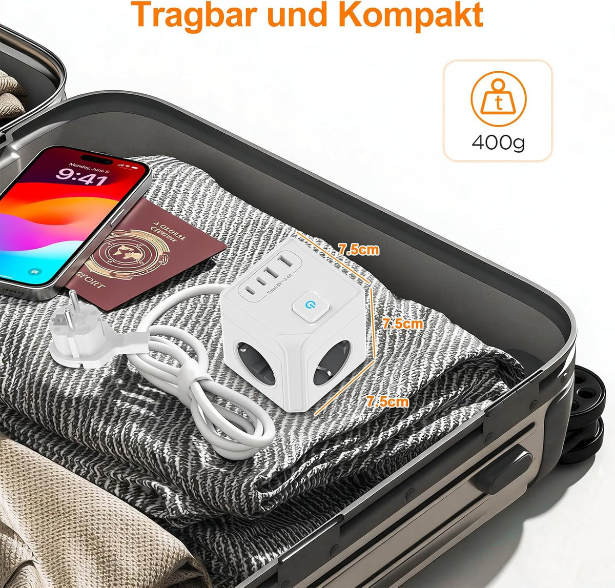 7-in-1 Steckdosenwürfel mit 2 USB-C & 2 USB-A, 2 m Kabel
