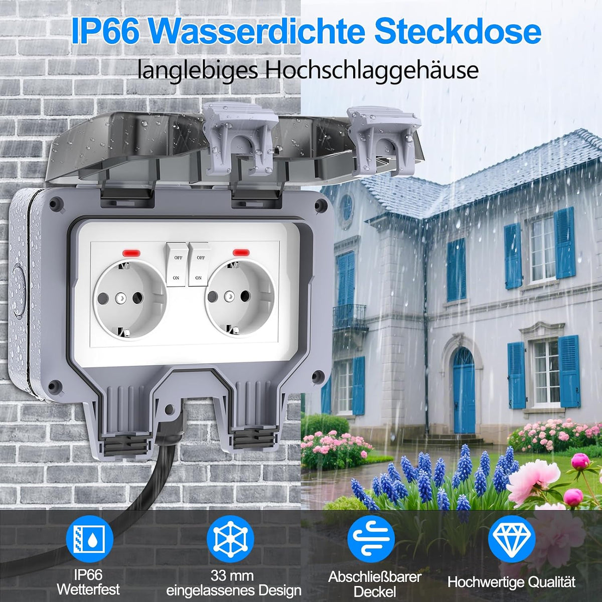 RICOKEY IP66 Außensteckdose 2-fach mit Schalter & Kontrollleuchte