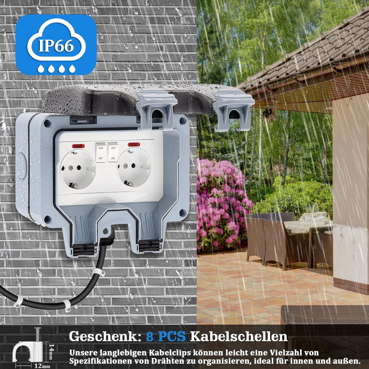 Beizkna IP66 Außensteckdose 2-fach mit Schalter & Kontrollleuchte
